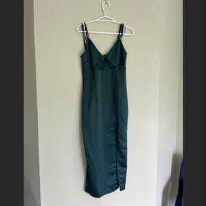 Maxi satin dress with lace detail and slit XS dark emerald green